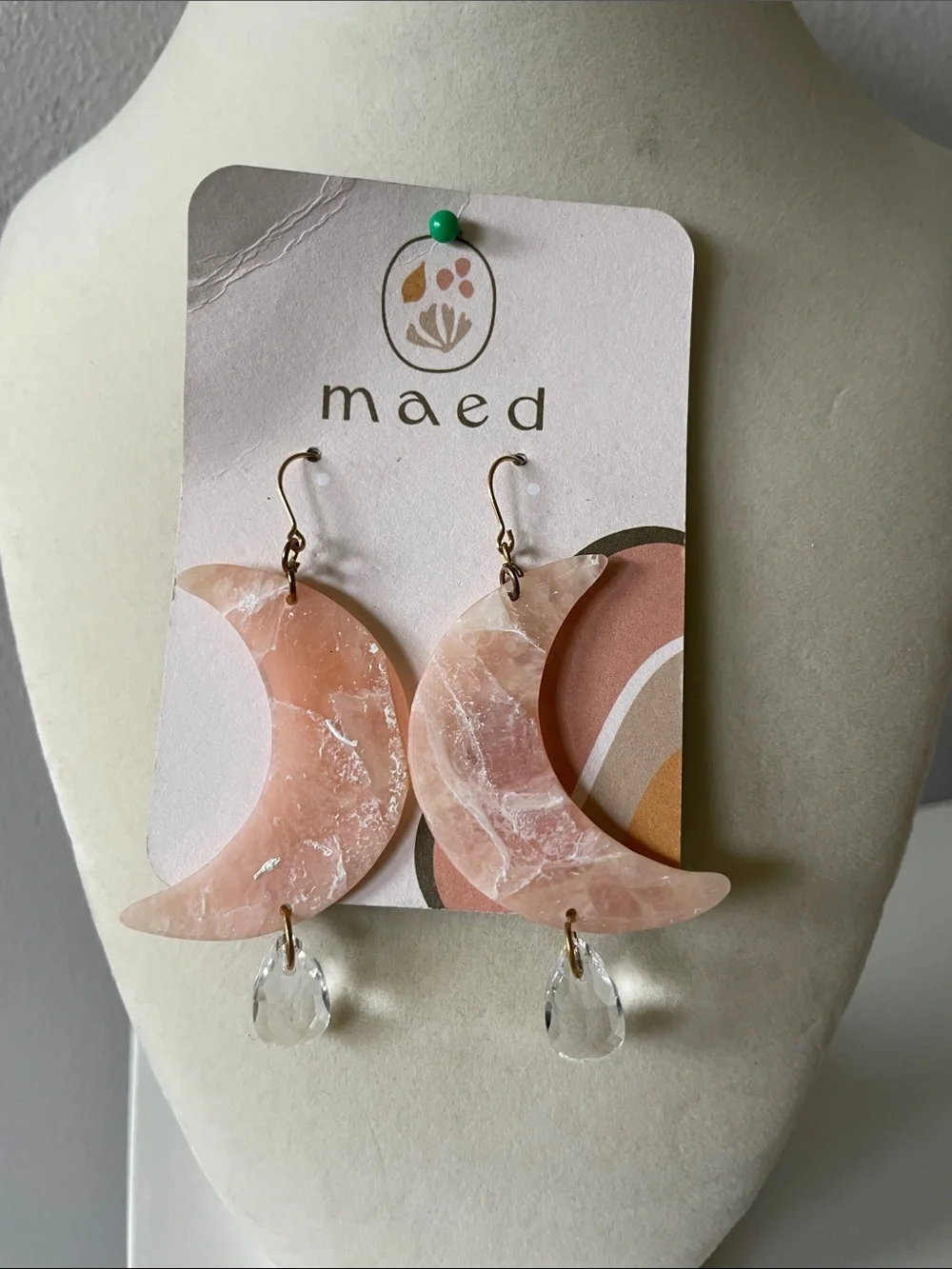 Handmade Rose Quartz Pink Clay Crescent Moon Drop Earrings